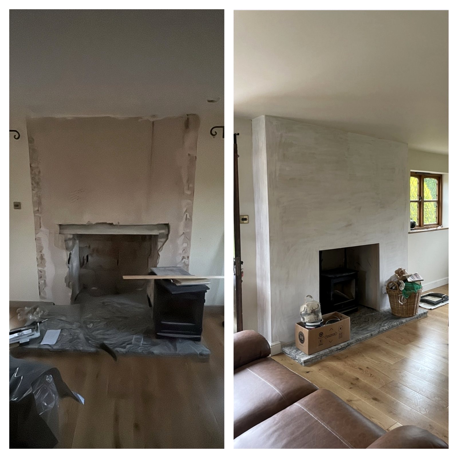 Before and after fireplace plastering