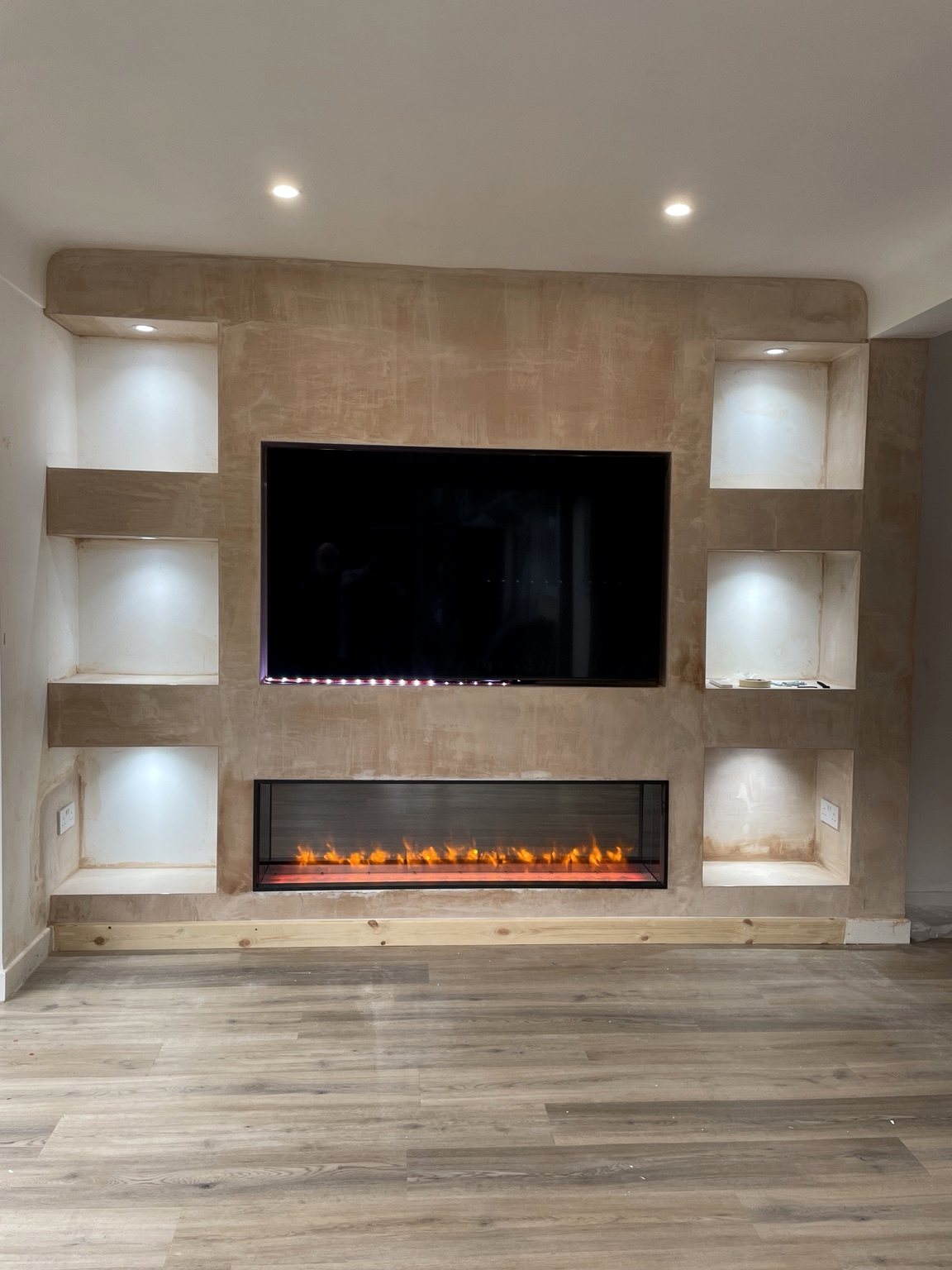 Media wall with lights and fire