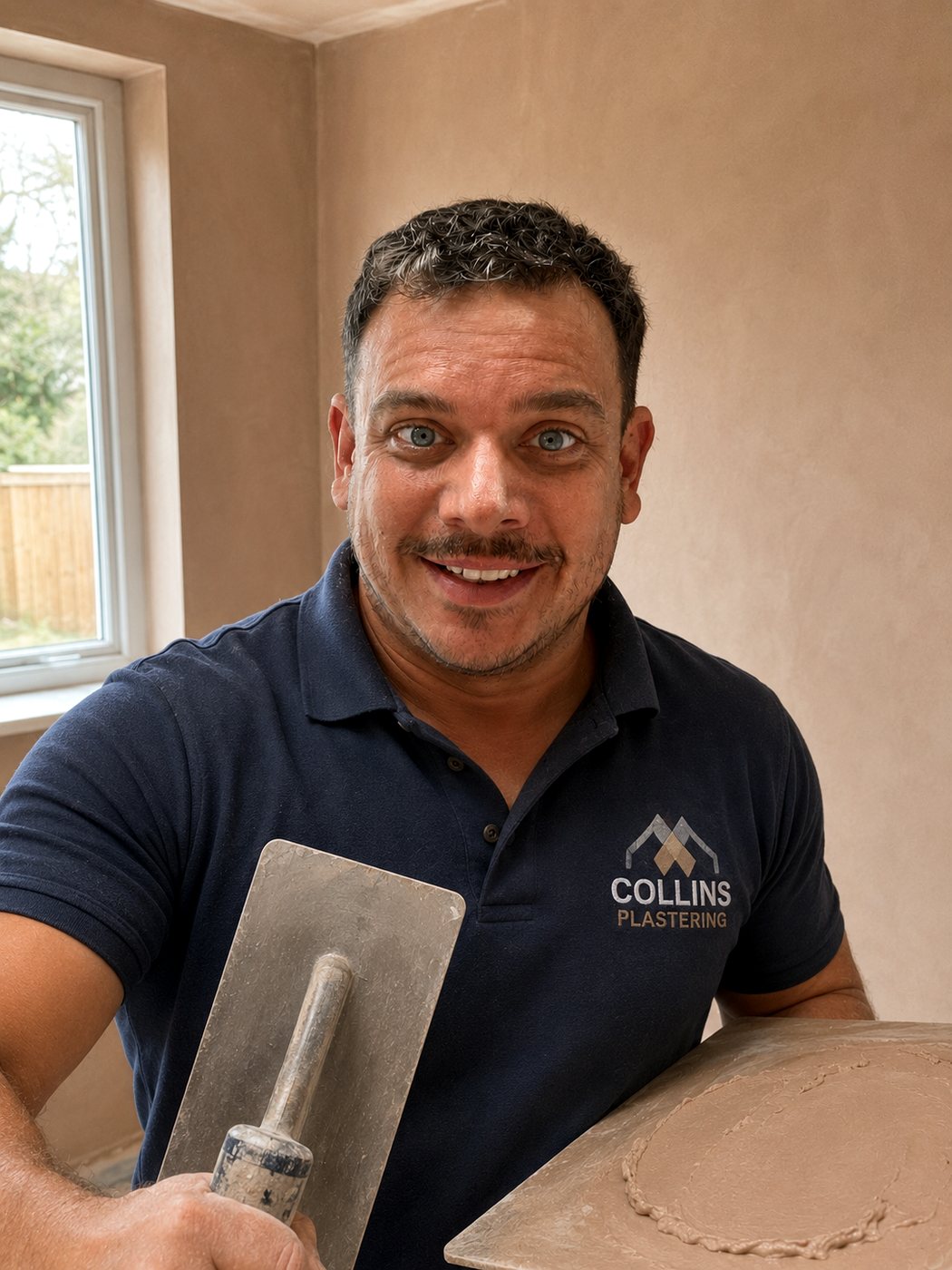 MC Plaster tradesman holding plastering tools